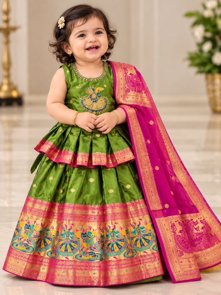 Girls Pattu Peplum Lehenga Set with Traditional Dance Motif Zari Border & Dupatta