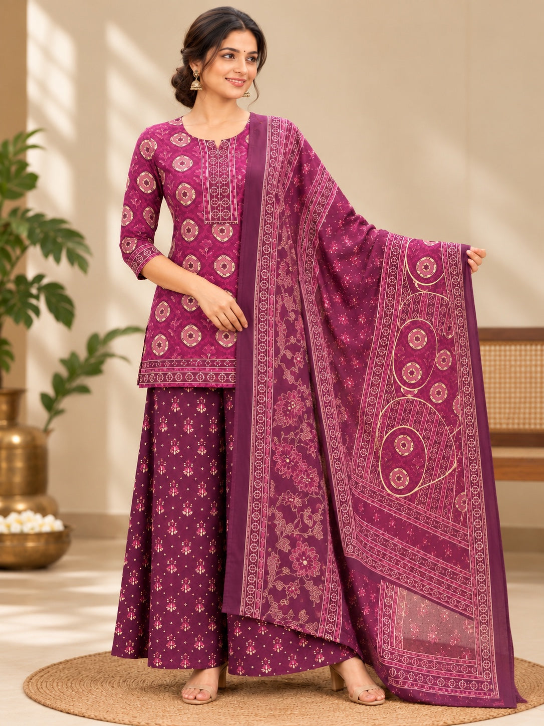 Wine Purple Geometric Printed Kurta Palazzo Dupatta 3 Piece Set