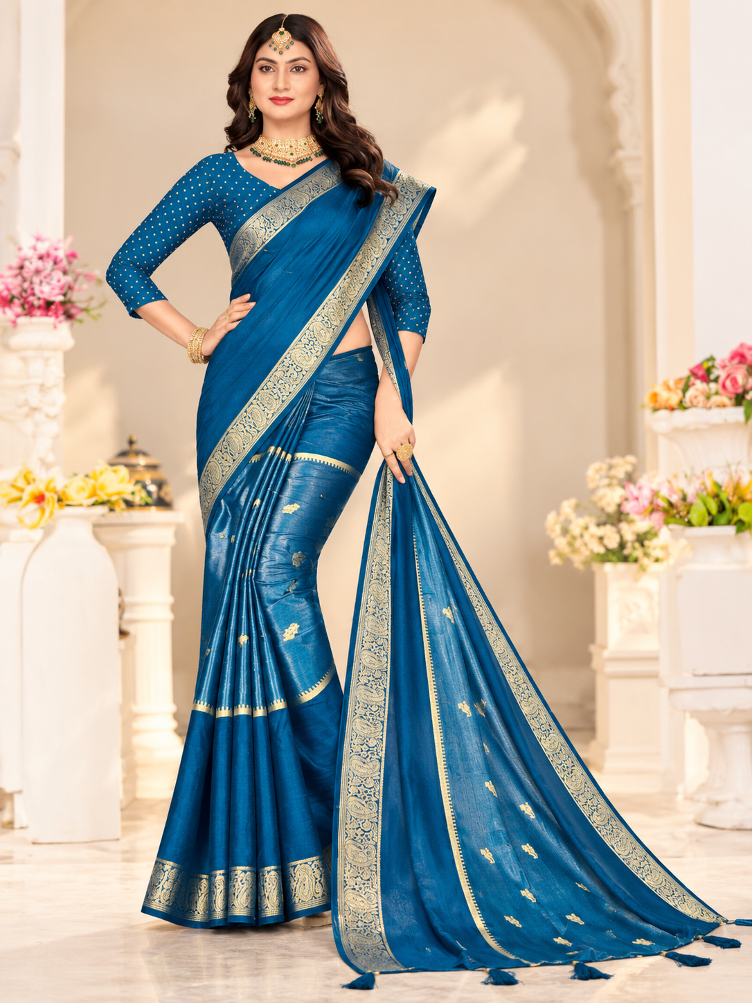 Soft Chinnon Gold Zari Border Saree – 8 Colours