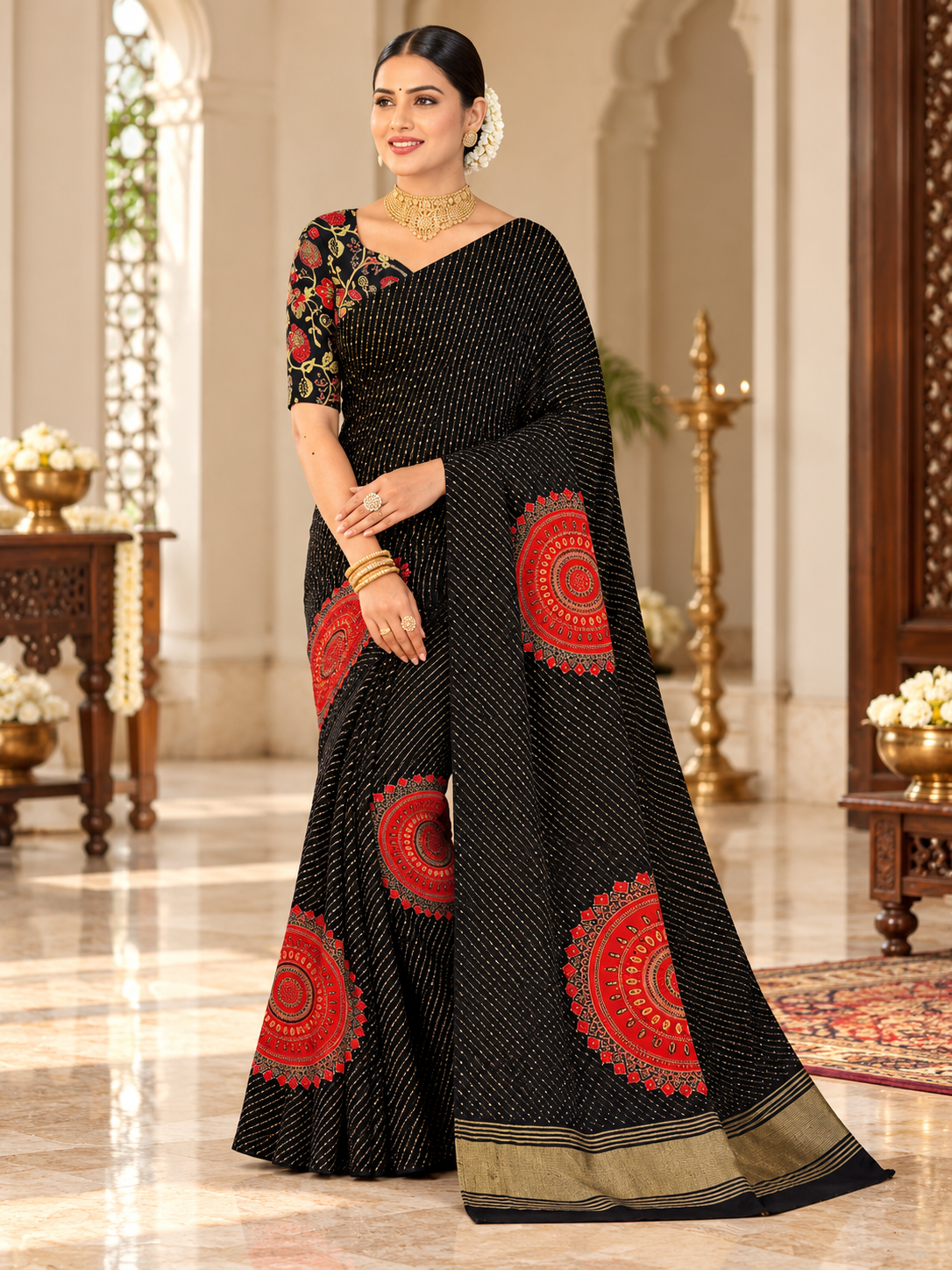 Multicolor Striped Mandala Print Saree with Gold Border