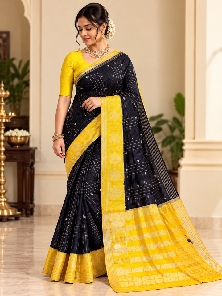 Black Checked Saree with Yellow Floral Border