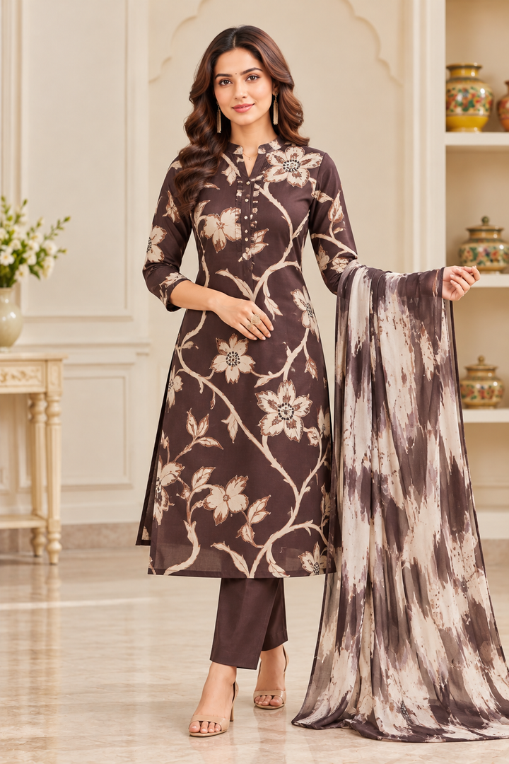 Printed Rayon Straight Kurta Set with Matching Pants & Designer Dupatta – Chocolate Brown