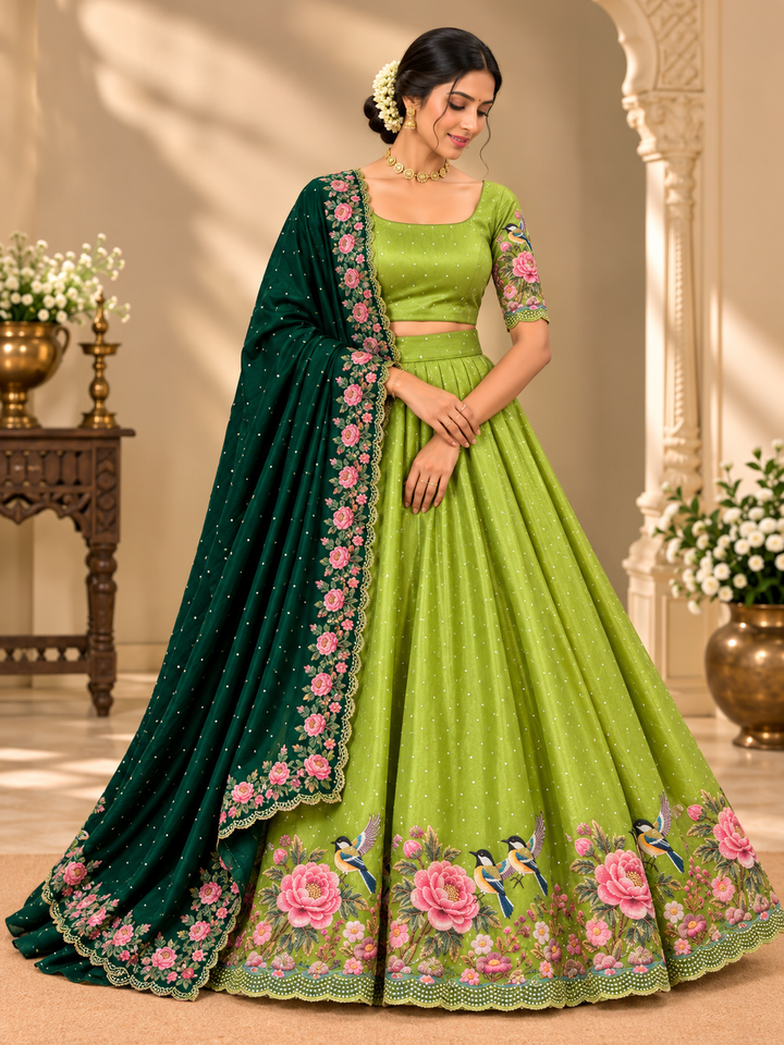Floral Rose & Bird Embroidered Designer Lehenga Choli with Dupatta