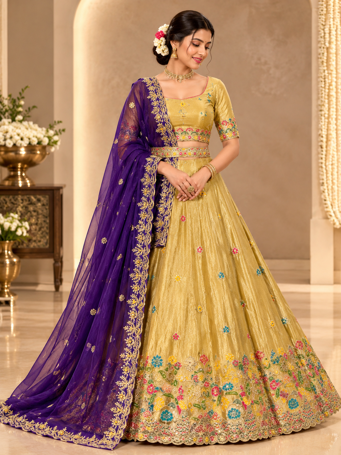 Multicolor Floral Designer Lehenga Choli with Contrast Dupatta