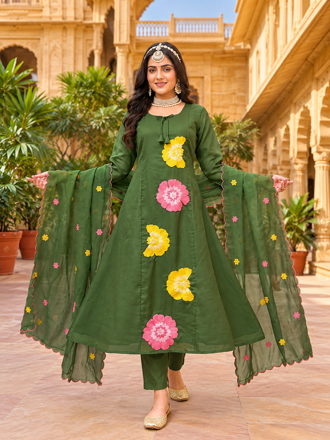 Floral Embroidered Mull Chanderi 3-Piece Anarkali Set – 6 Colors