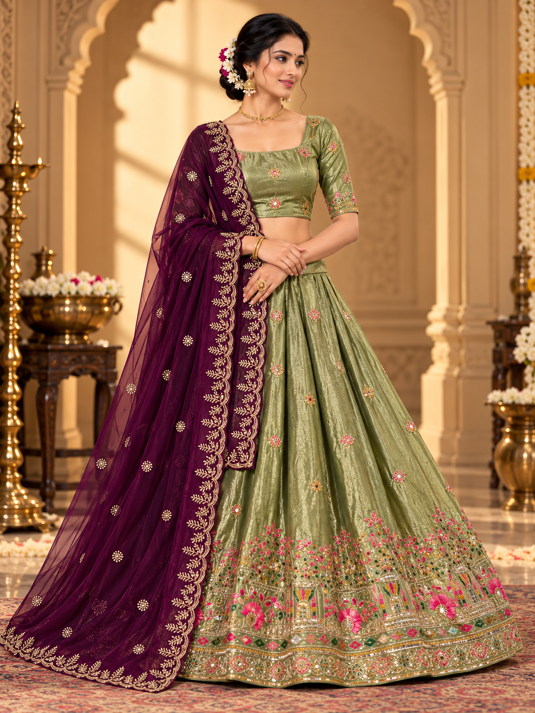 Royal Floral Heritage Embroidered Lehenga Choli with Contrast Dupatta