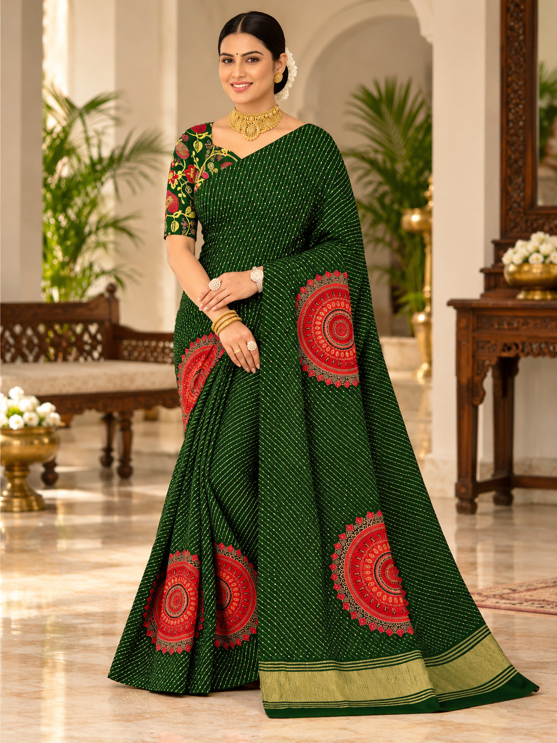 Multicolor Striped Mandala Print Saree with Gold Border
