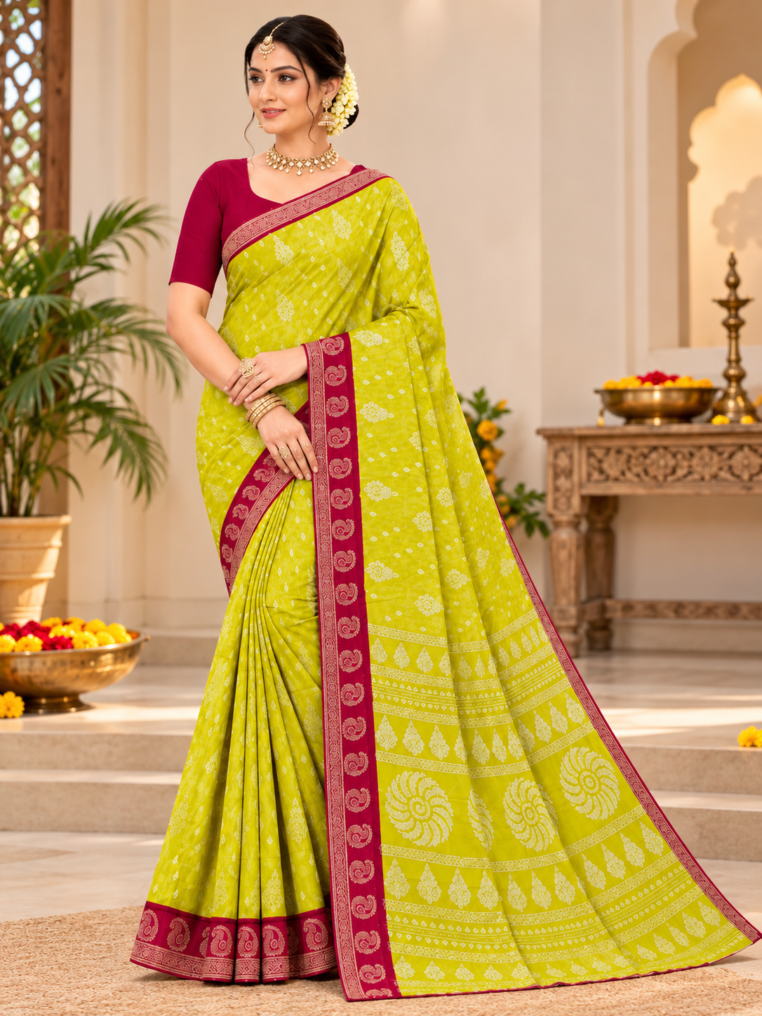 Lime Green Printed Saree with Maroon Border