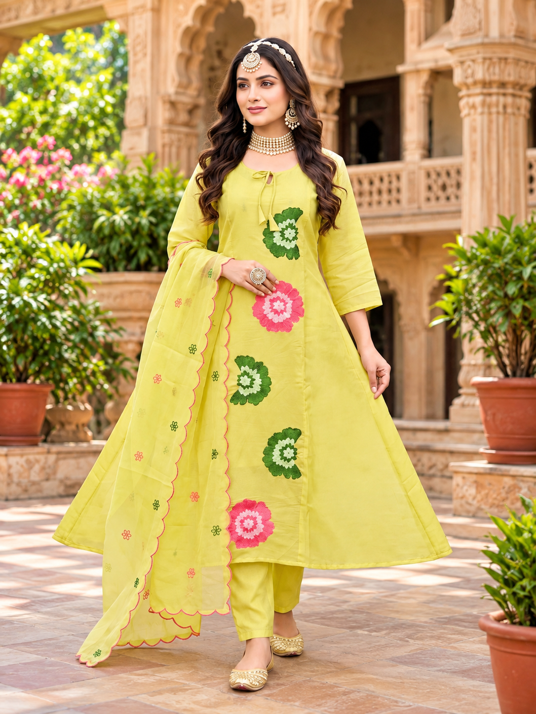 Floral Embroidered Mull Chanderi 3-Piece Anarkali Set – 6 Colors