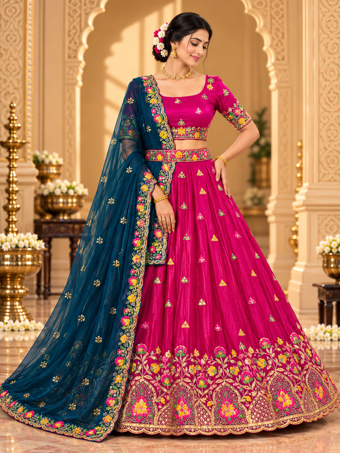 Royal Floral Arch Embroidered Lehenga Choli with Contrast Dupatta