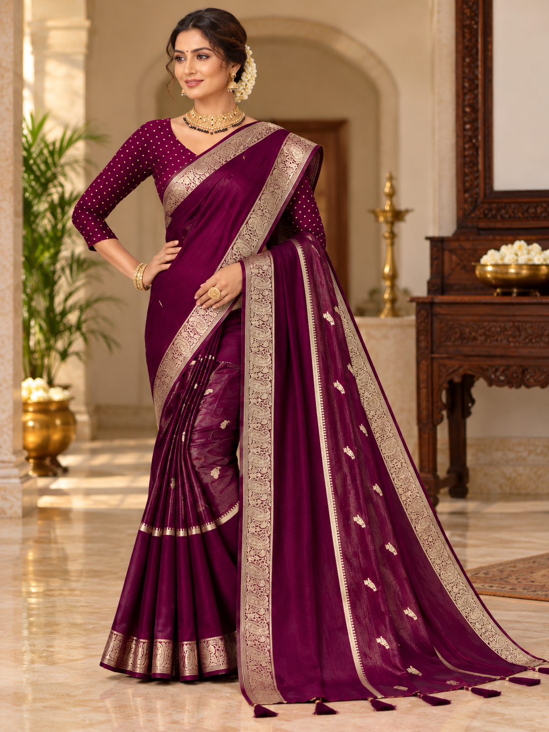 Woven Border Saree with Gold Butta Work – 8 Colors