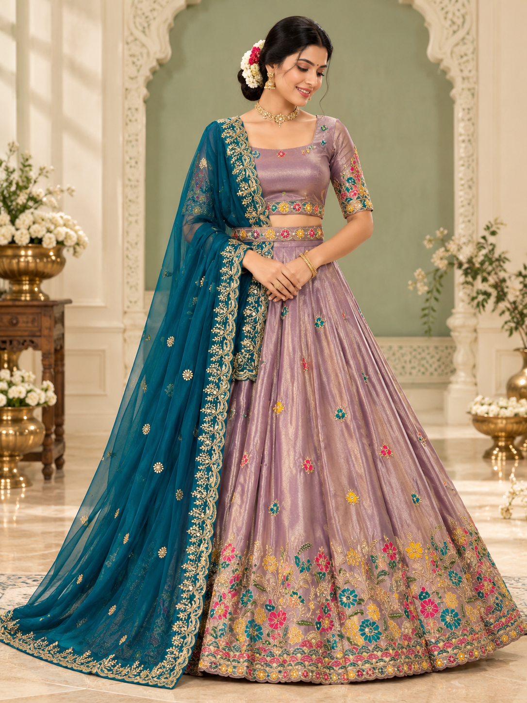 Multicolor Floral Designer Lehenga Choli with Contrast Dupatta