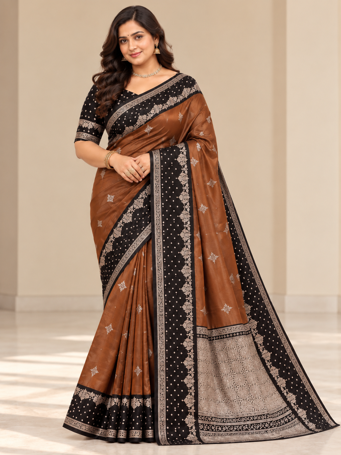 Brown & Black Banarasi Pattu Saree with Copper Zari Woven Border