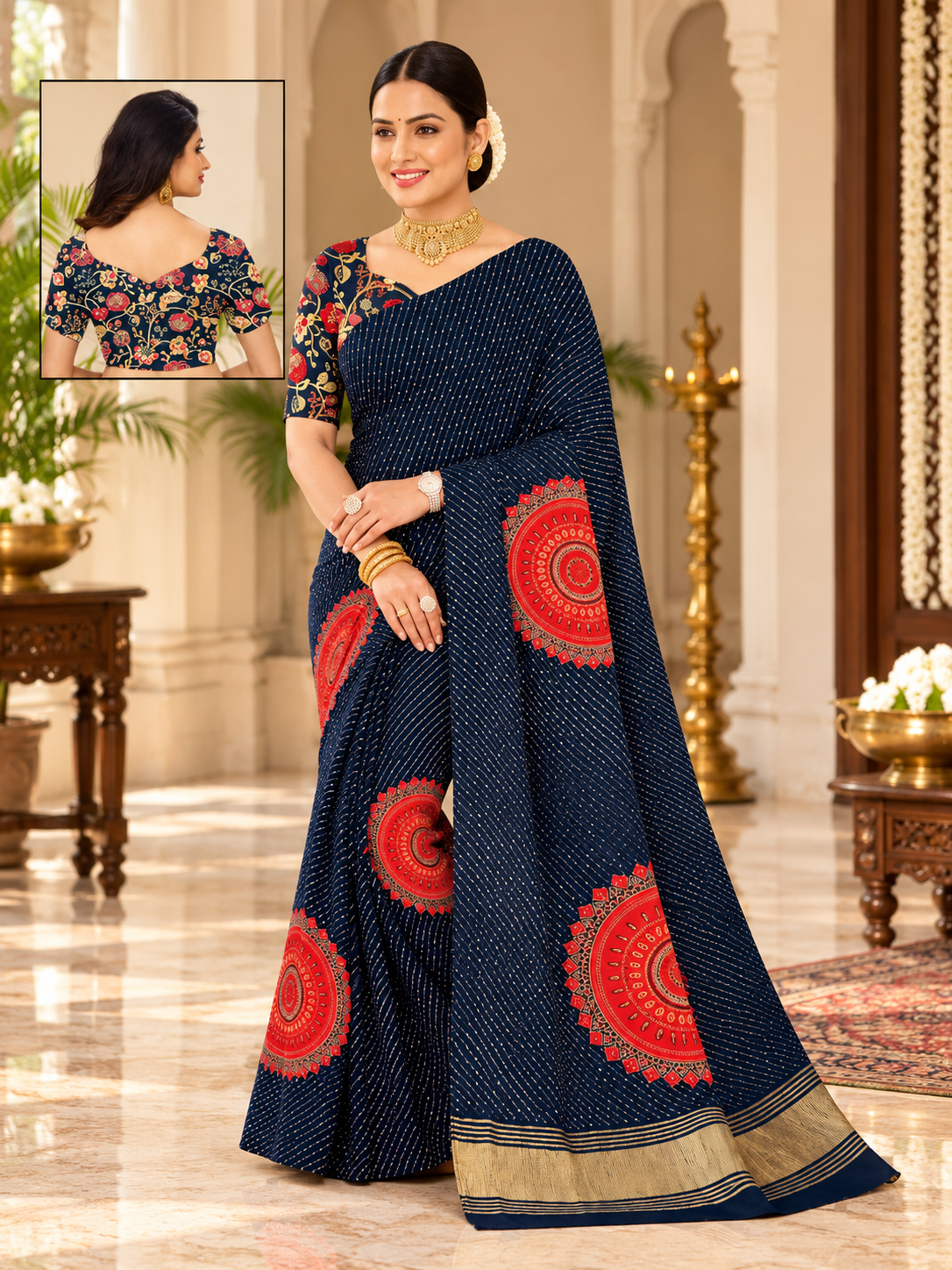 Multicolor Striped Mandala Print Saree with Gold Border