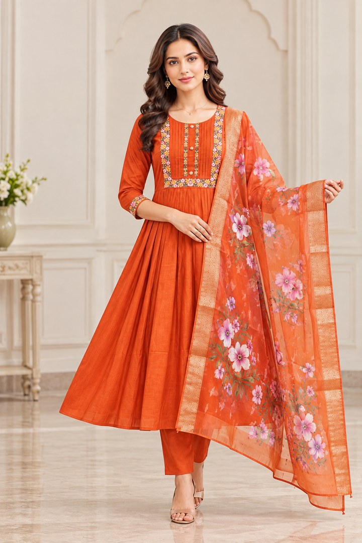 Embroidered Anarkali Dress Material Set with Floral Organza Dupatta – Roman Silk Fabric