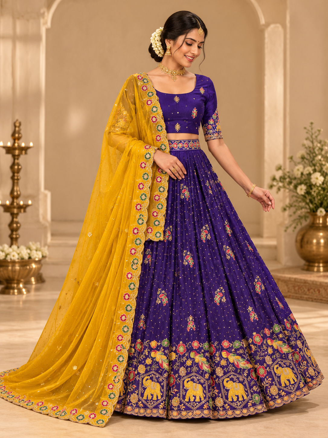 Royal Peacock & Elephant Embroidered Lehenga Choli with Contrast Dupatta