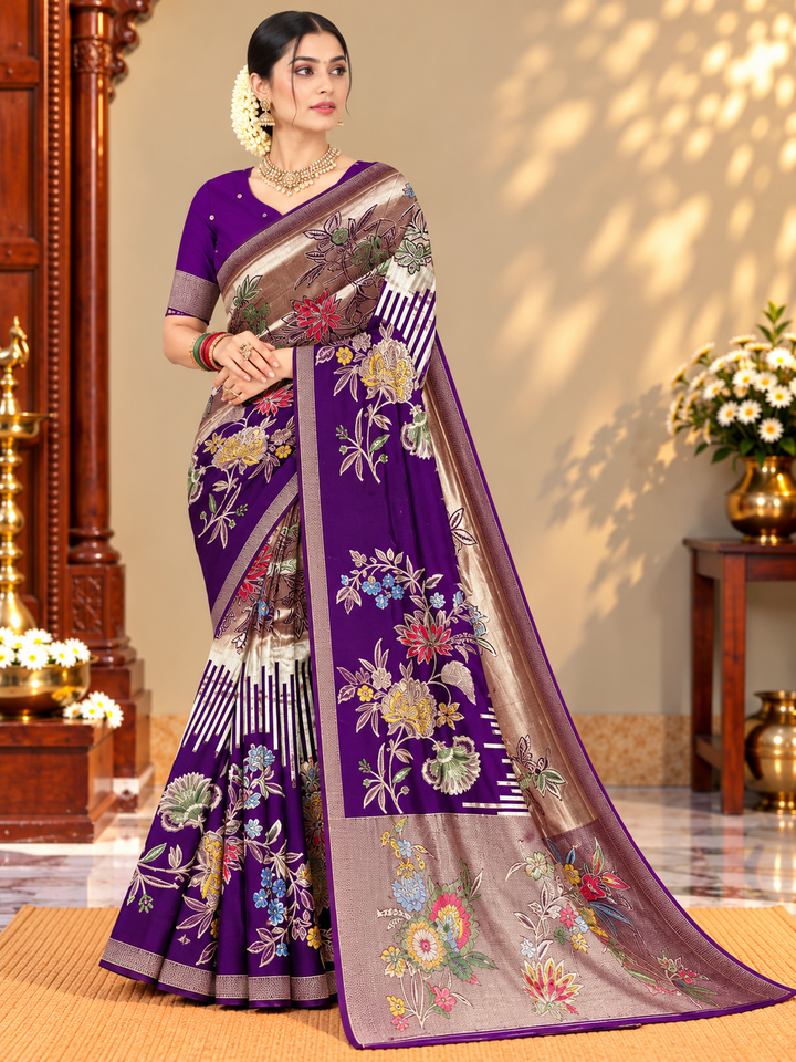 Floral Saree with Contrast Border and Pallu