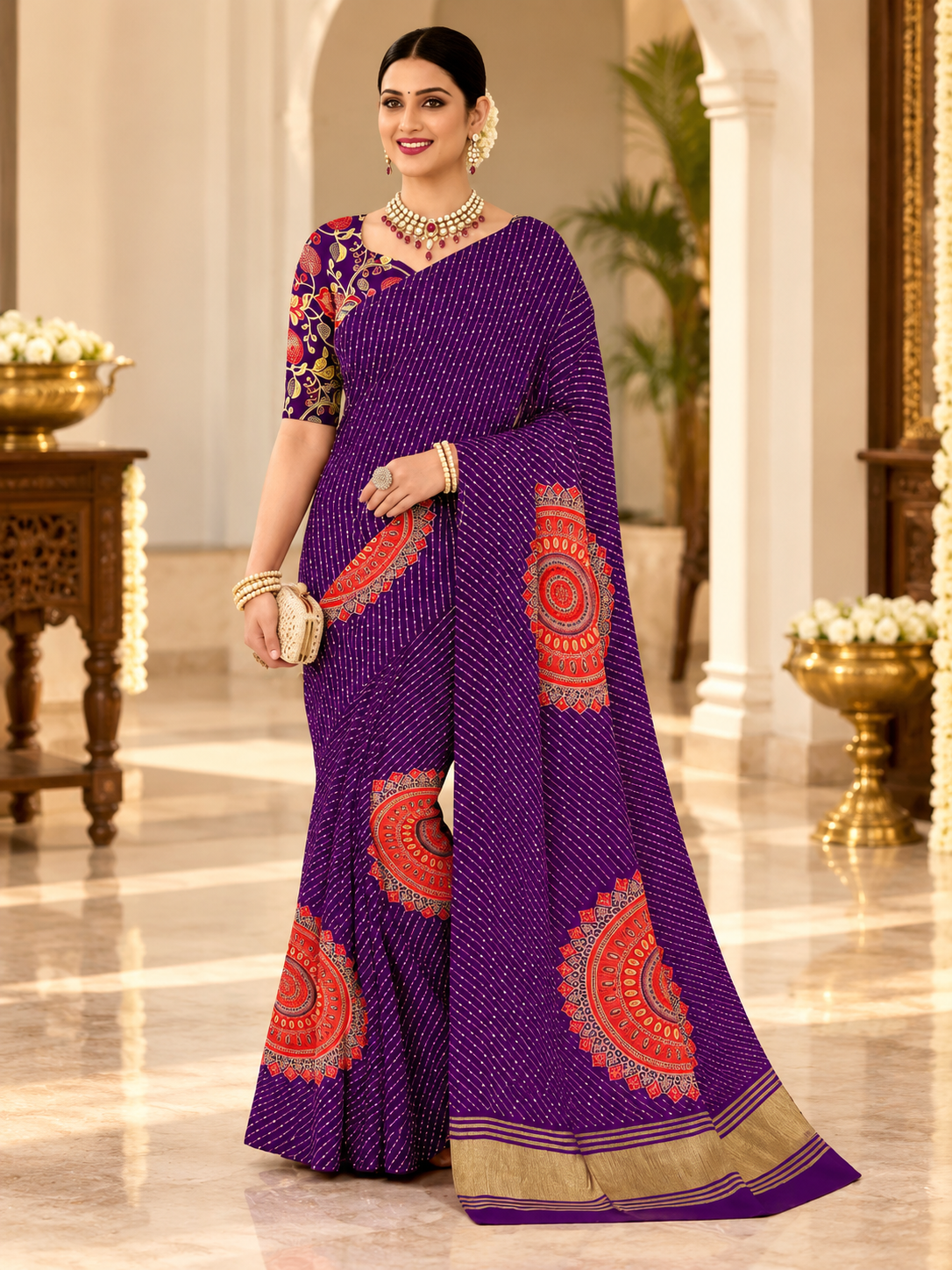 Multicolor Striped Mandala Print Saree with Gold Border