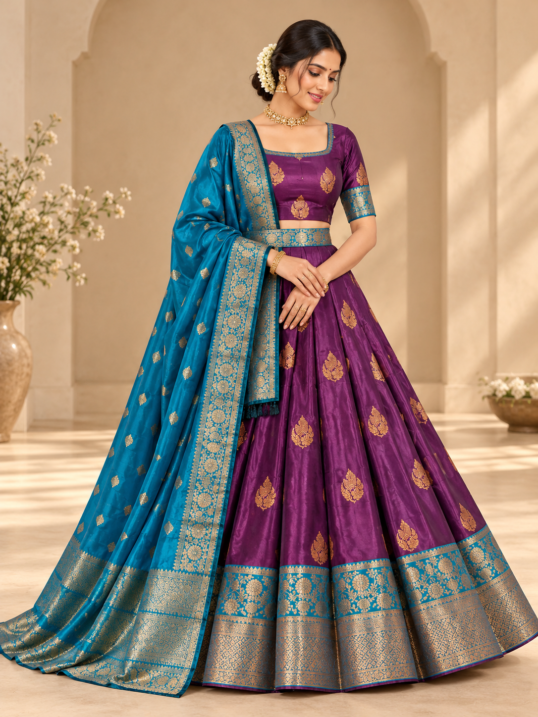 Traditional Zari Work Lehenga Choli with Teal Blue Dupatta