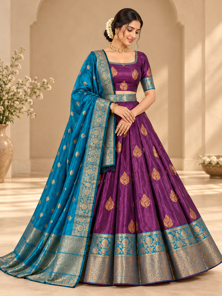 Traditional Zari Work Lehenga Choli with Teal Blue Dupatta