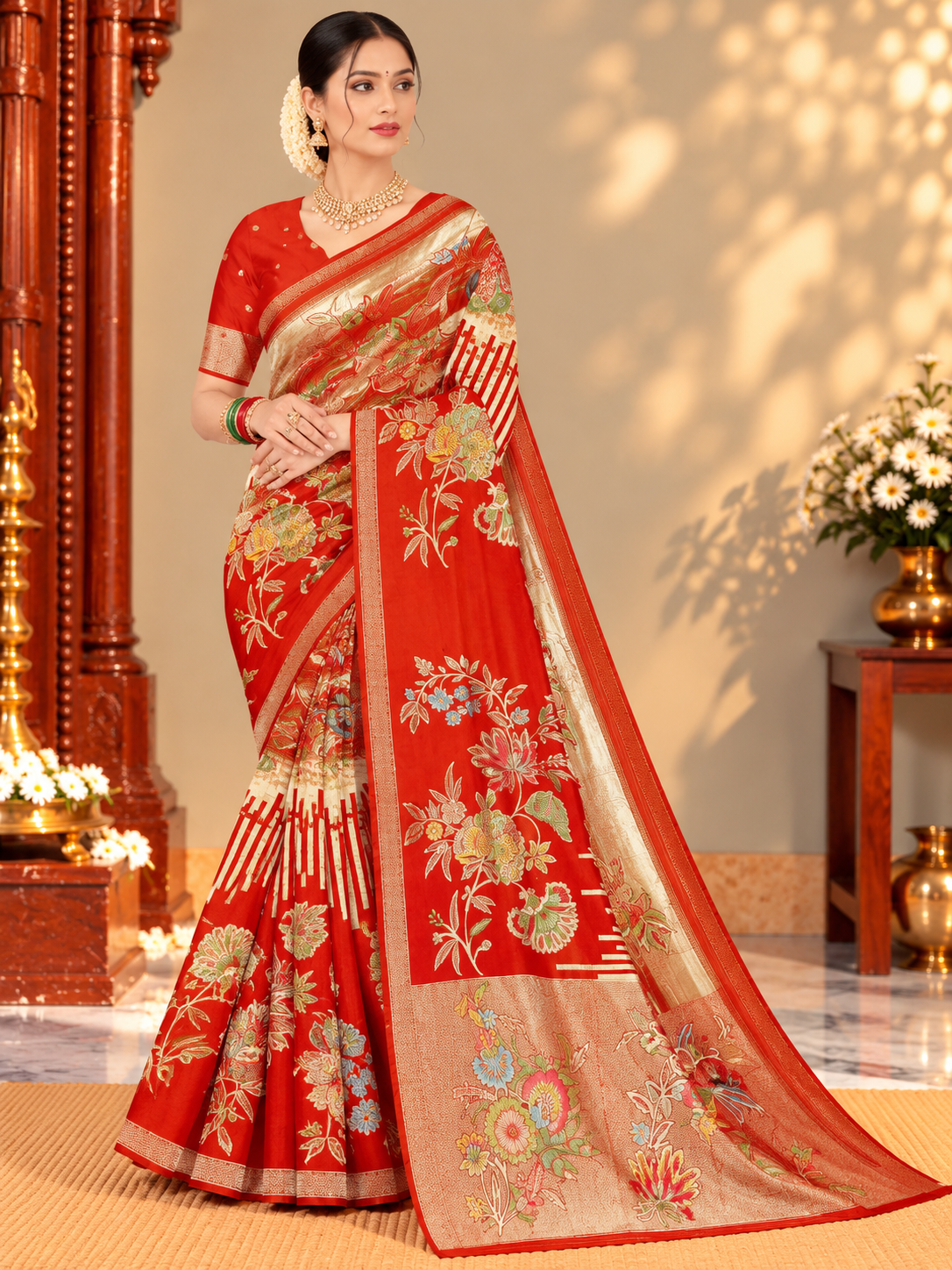 Floral Saree with Contrast Border and Pallu