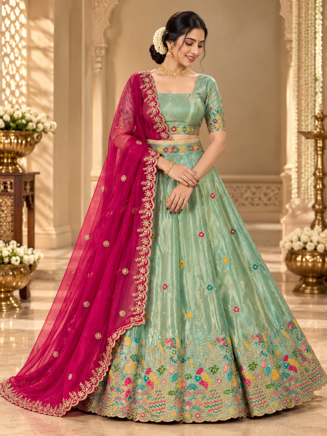 Multicolor Floral Designer Lehenga Choli with Contrast Dupatta