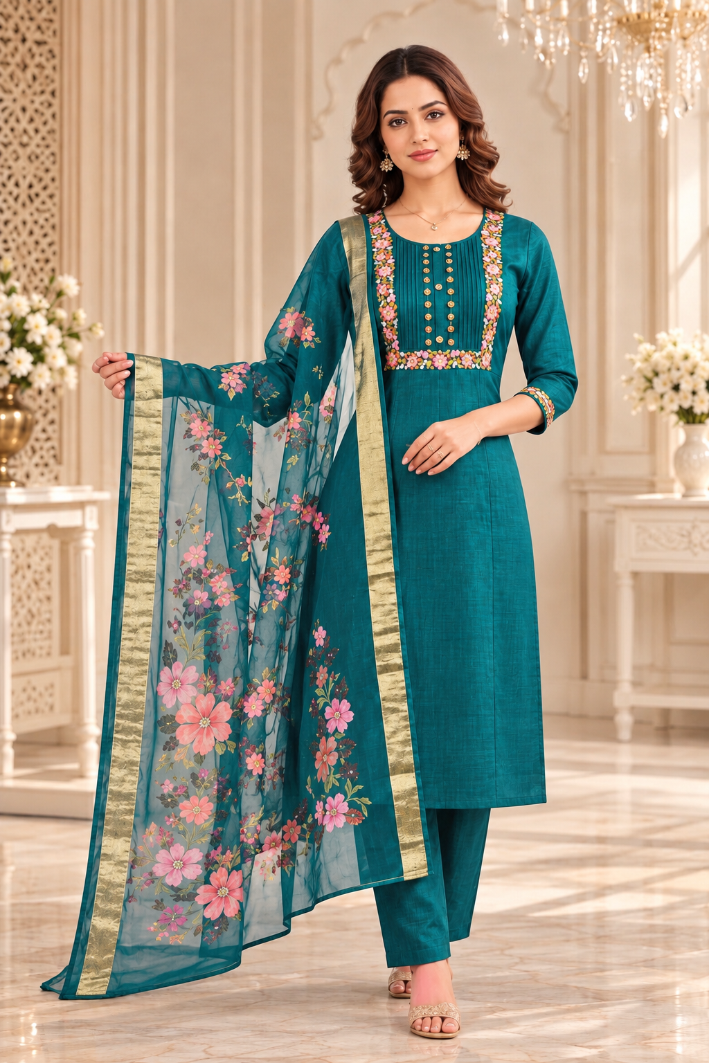 Embroidered Anarkali Dress Material Set with Floral Organza Dupatta – Roman Silk Fabric