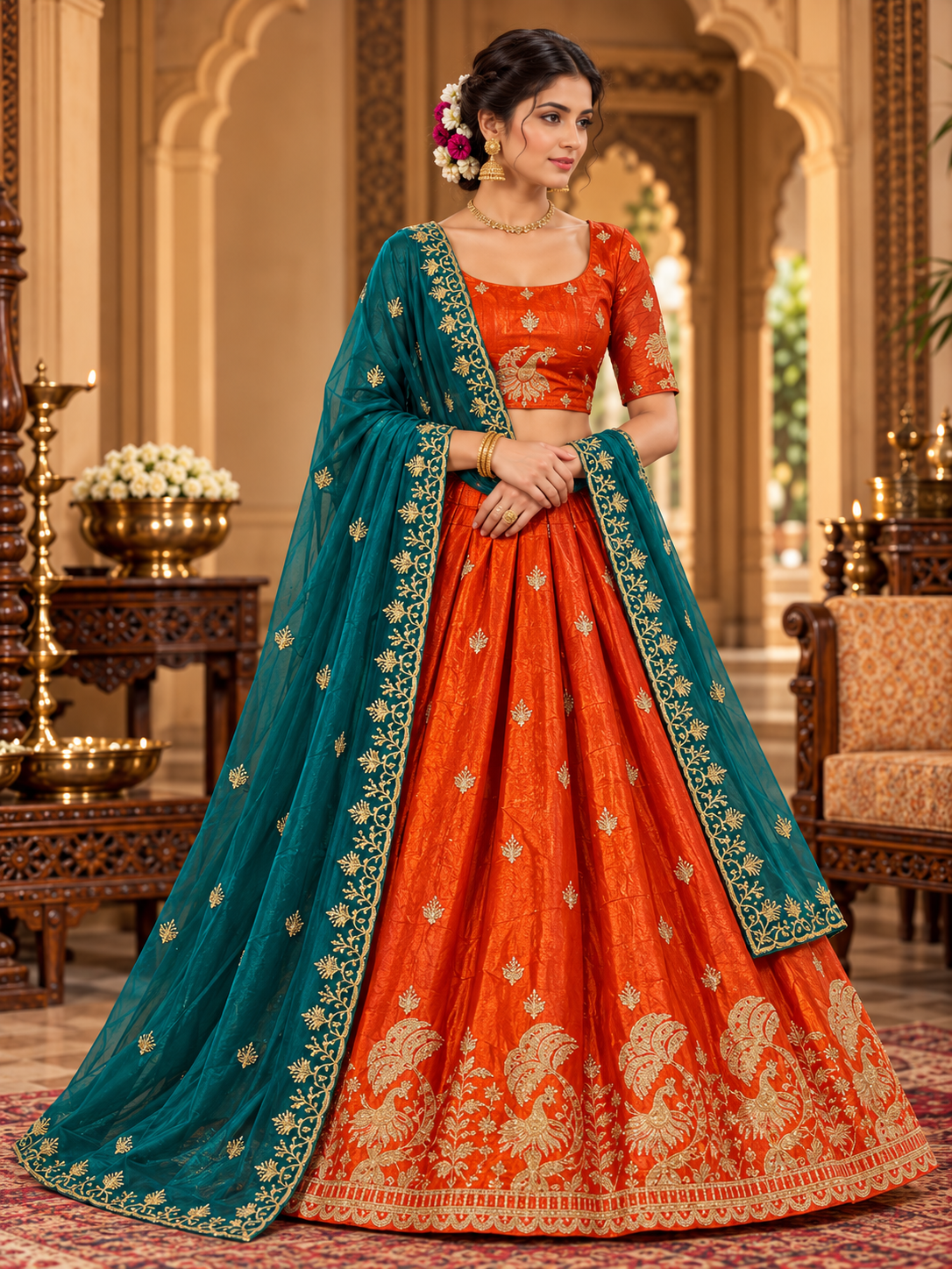 Peacock Zari Embroidered Lehenga Choli with Contrast Dupatta