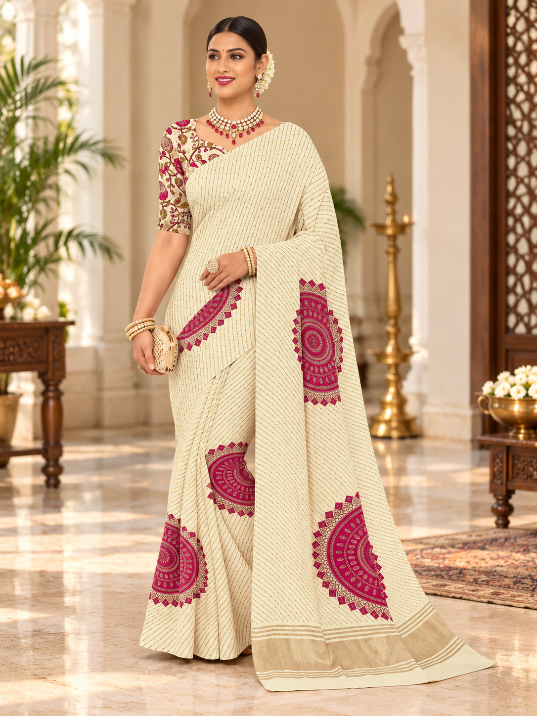 Multicolor Striped Mandala Print Saree with Gold Border