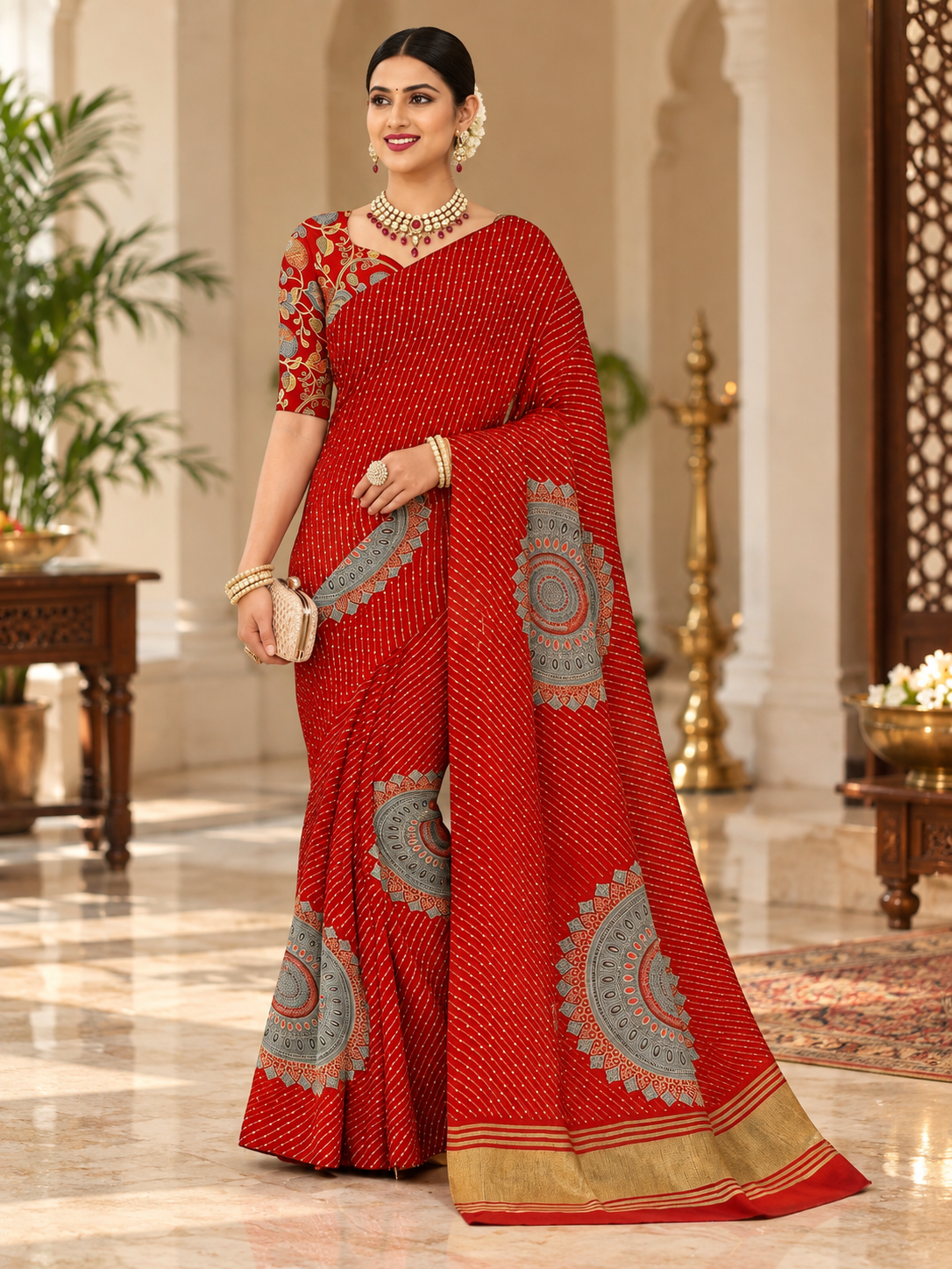 Multicolor Striped Mandala Print Saree with Gold Border