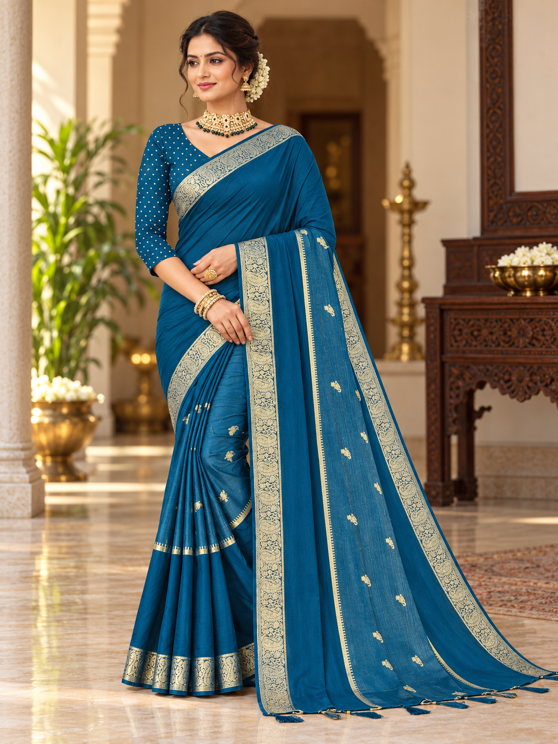 Woven Border Saree with Gold Butta Work – 8 Colors