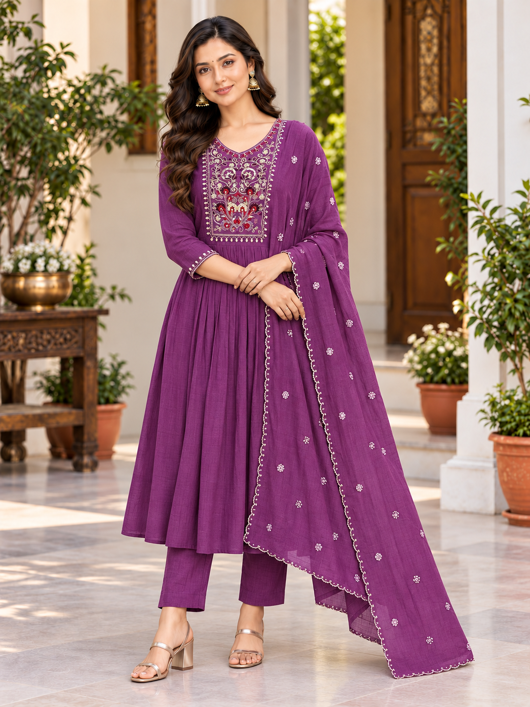 Embroidered Muslin Three-Piece Kurta Set with Dupatta
