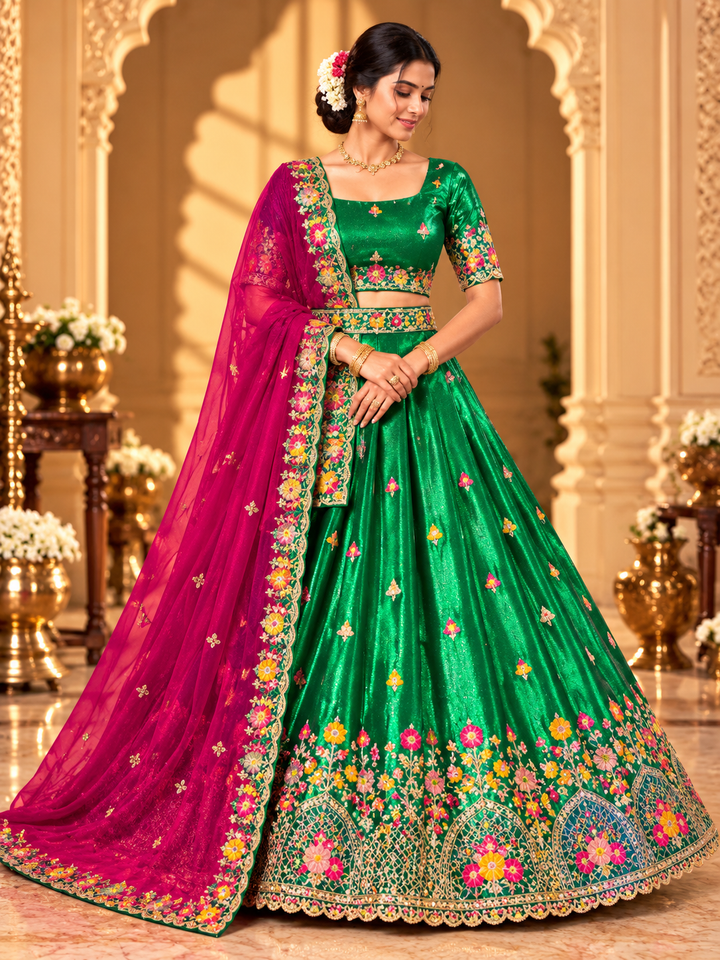 Royal Floral Arch Embroidered Lehenga Choli with Contrast Dupatta