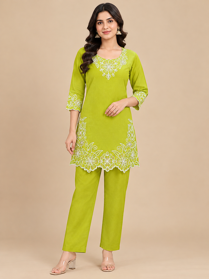 Floral Embroidered Straight Kurti & Pant Set