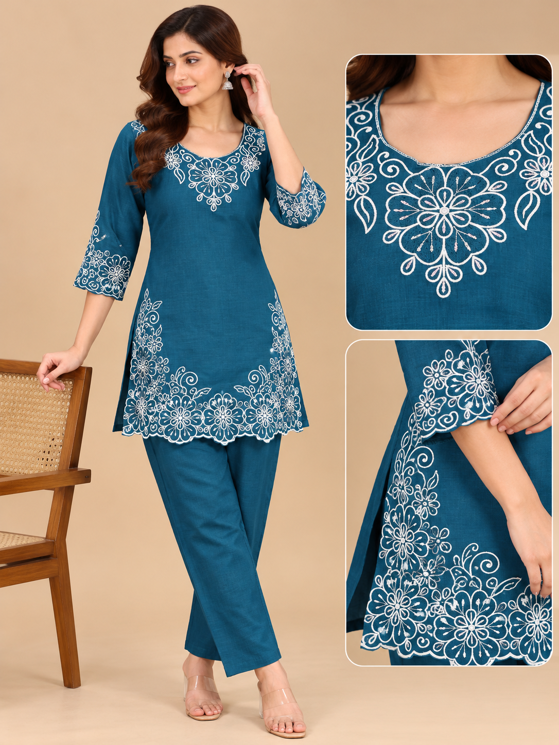 Floral Embroidered Straight Kurti & Pant Set