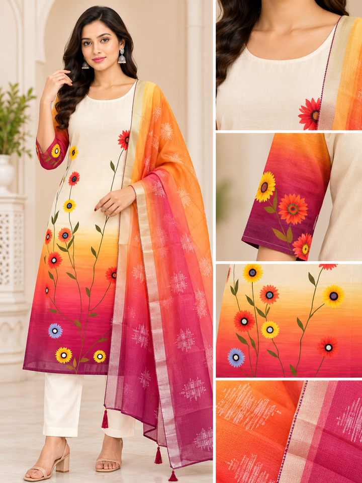 Cream Floral Ombre Printed 3-Piece Kurta Set with Dupatta