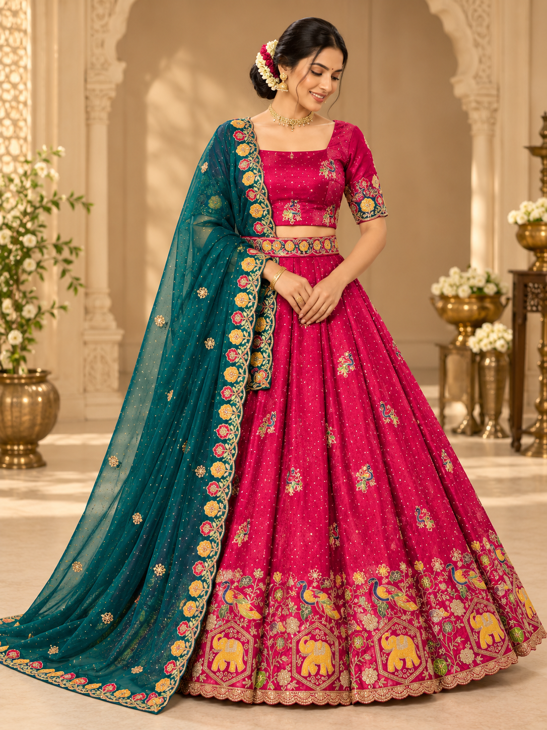 Royal Peacock & Elephant Embroidered Lehenga Choli with Contrast Dupatta