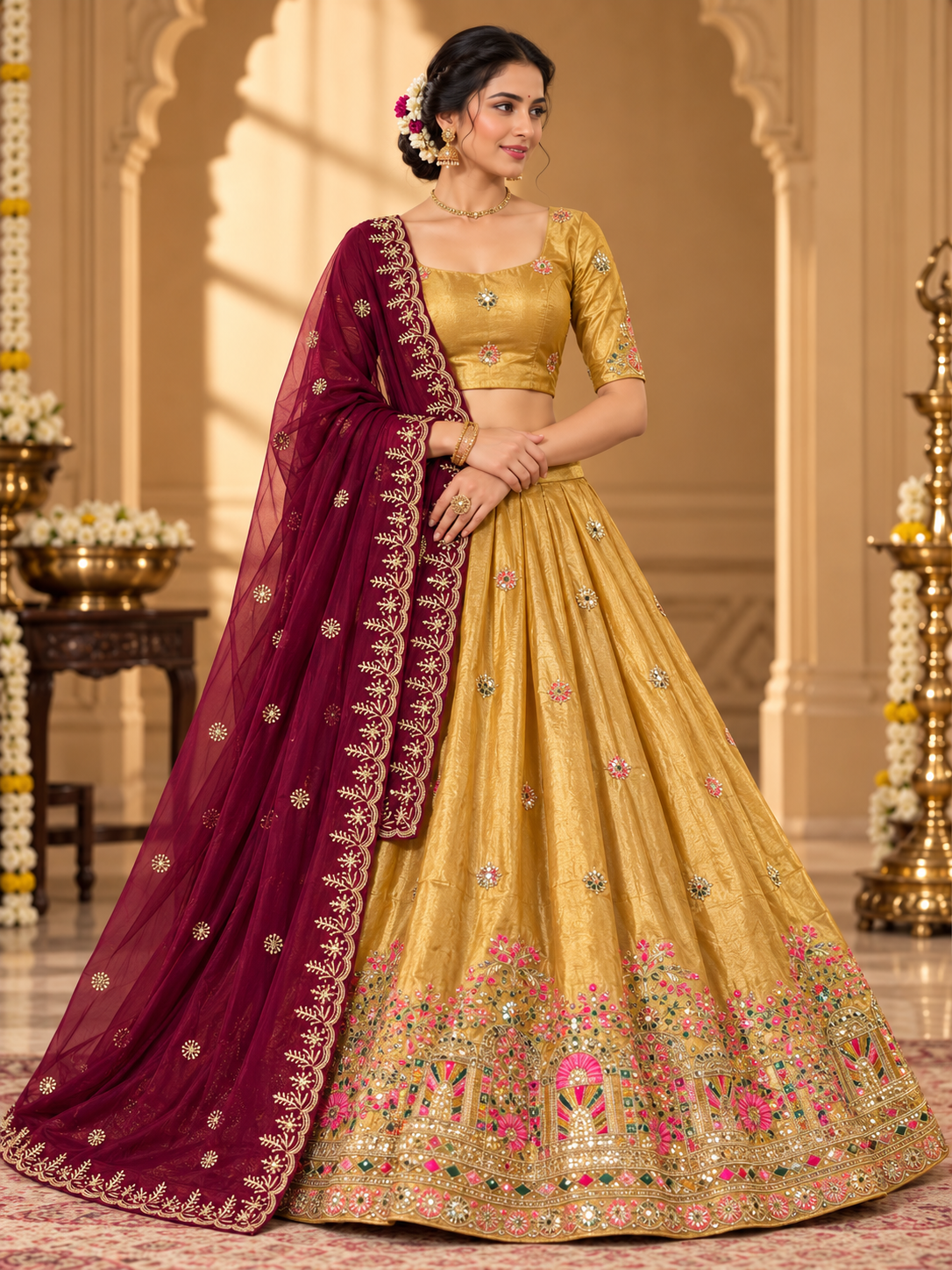Royal Floral Heritage Embroidered Lehenga Choli with Contrast Dupatta