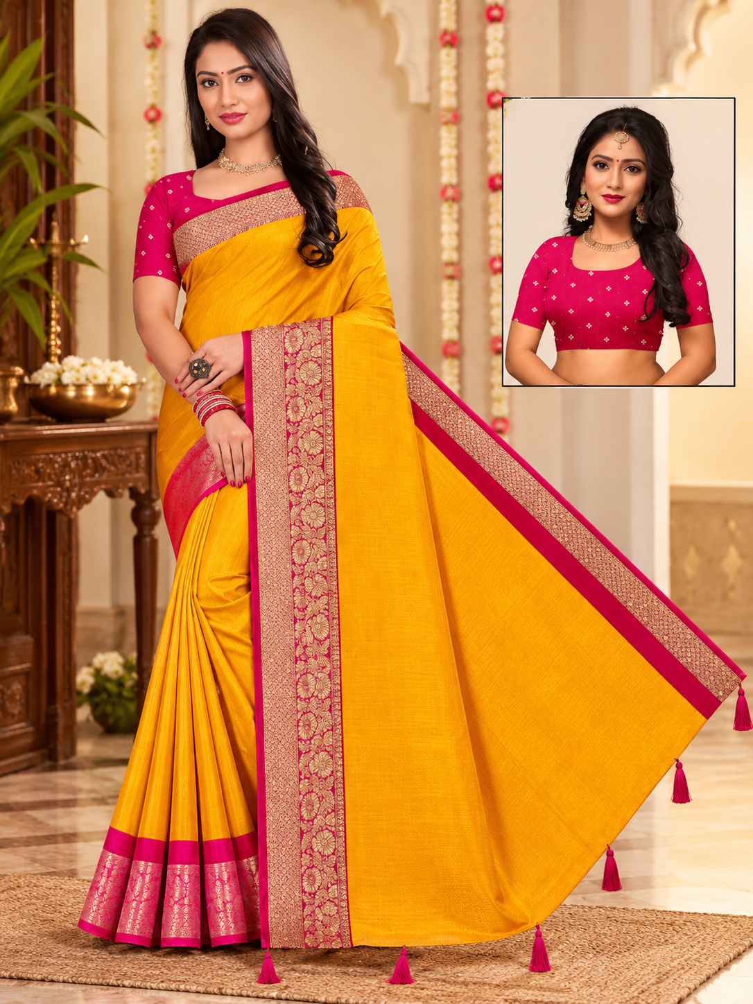 Blue, Mustard Yellow & Lime Green Contrast Border Saree – 3 Colour Variants