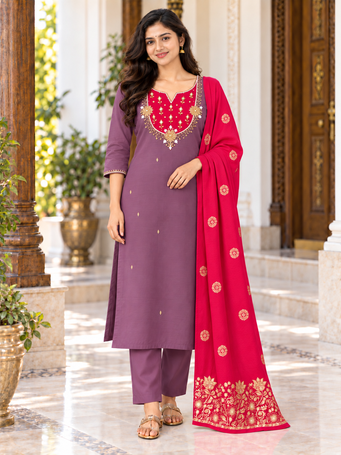 Contrast Yoke Embroidered Kurta 3 Piece Set