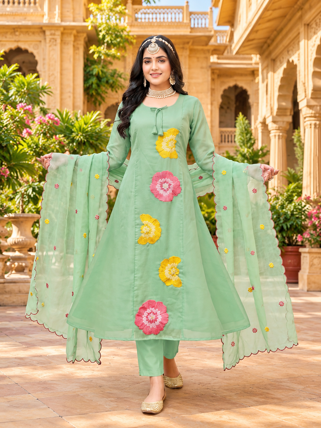 Floral Embroidered Mull Chanderi 3-Piece Anarkali Set – 6 Colors
