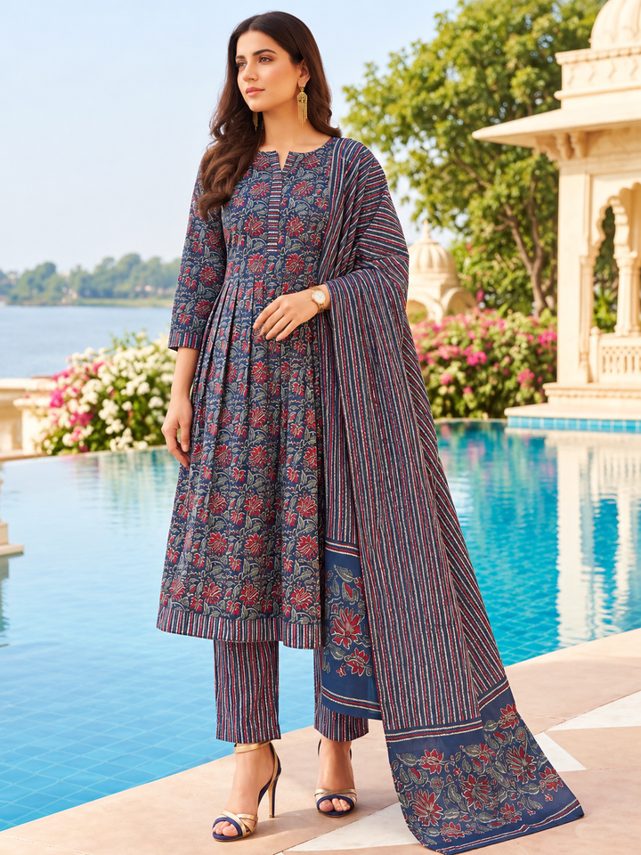 Navy Blue Floral Printed 3-Piece Kurta Set
