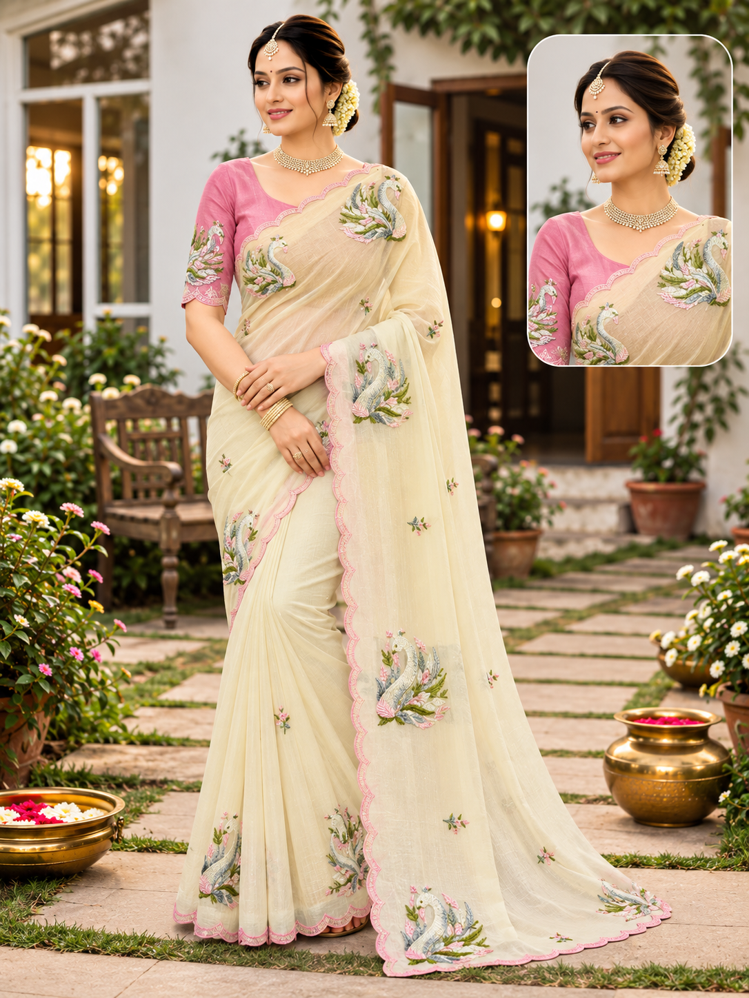 Peacock Embroidered Saree with Pink Blouse 2 Colors