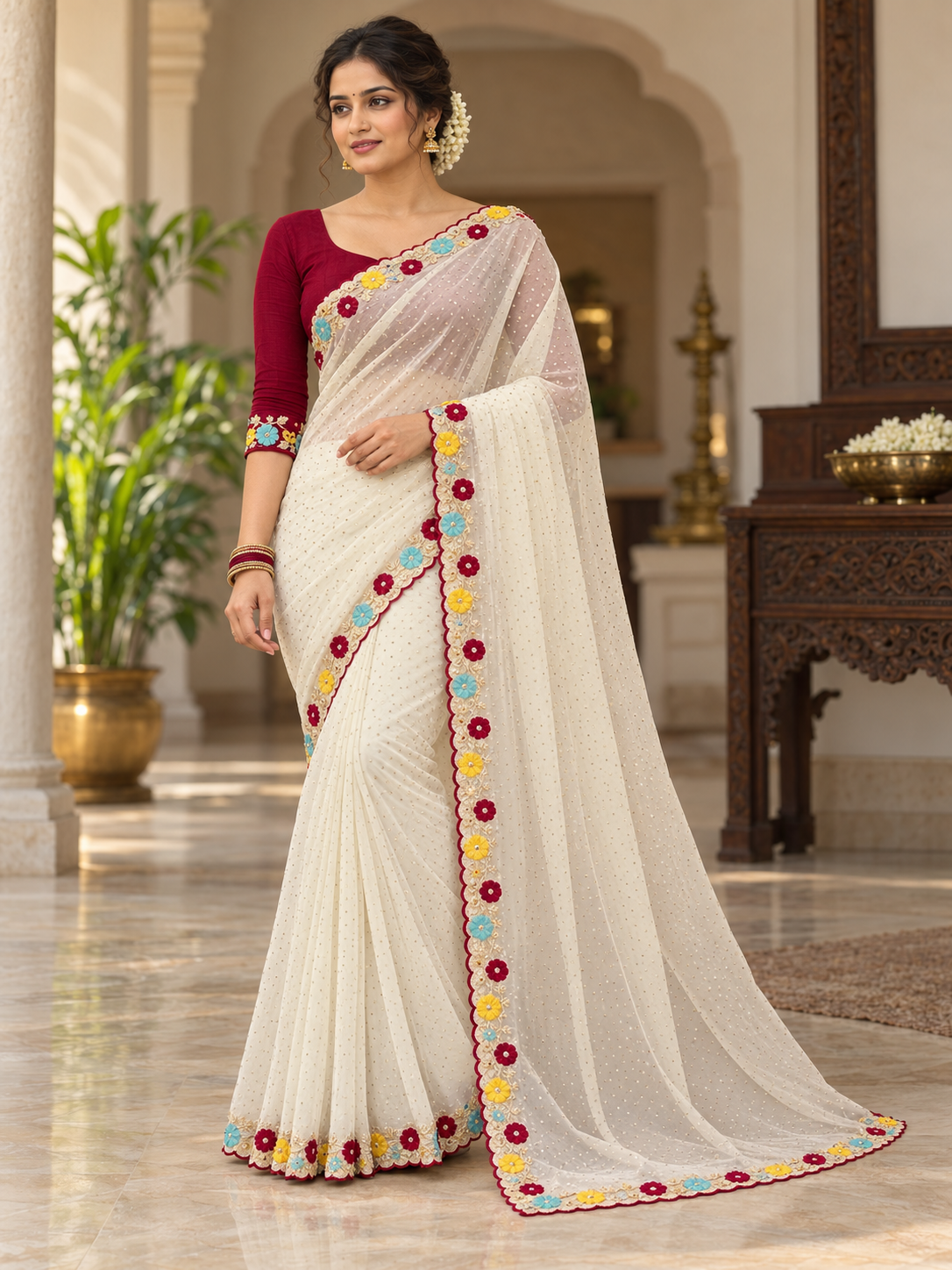 Ivory Floral Embroidered Border Saree for Women