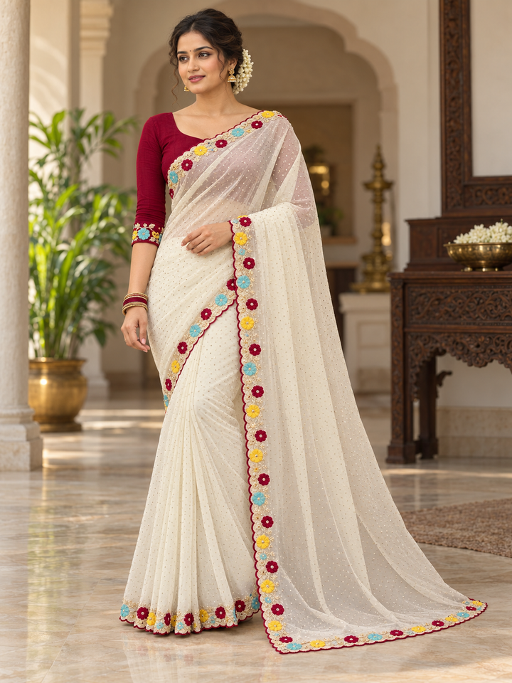 Ivory Floral Embroidered Border Saree for Women