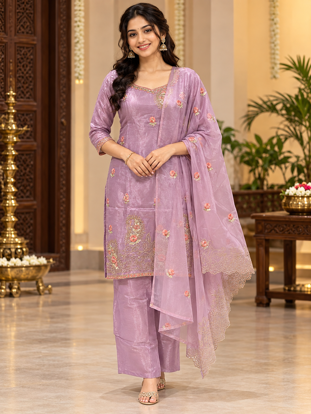 Lavender Floral Embroidered 3-Piece Kurta Set with Dupatta