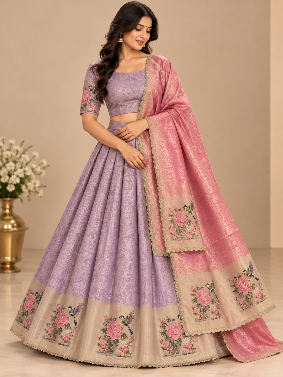 Floral & Bird Motif Designer Lehenga Choli with Dupatta