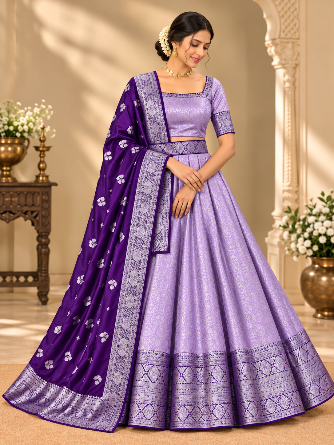 Royal Banarasi Woven Lehenga Choli with Contrast Dupatta