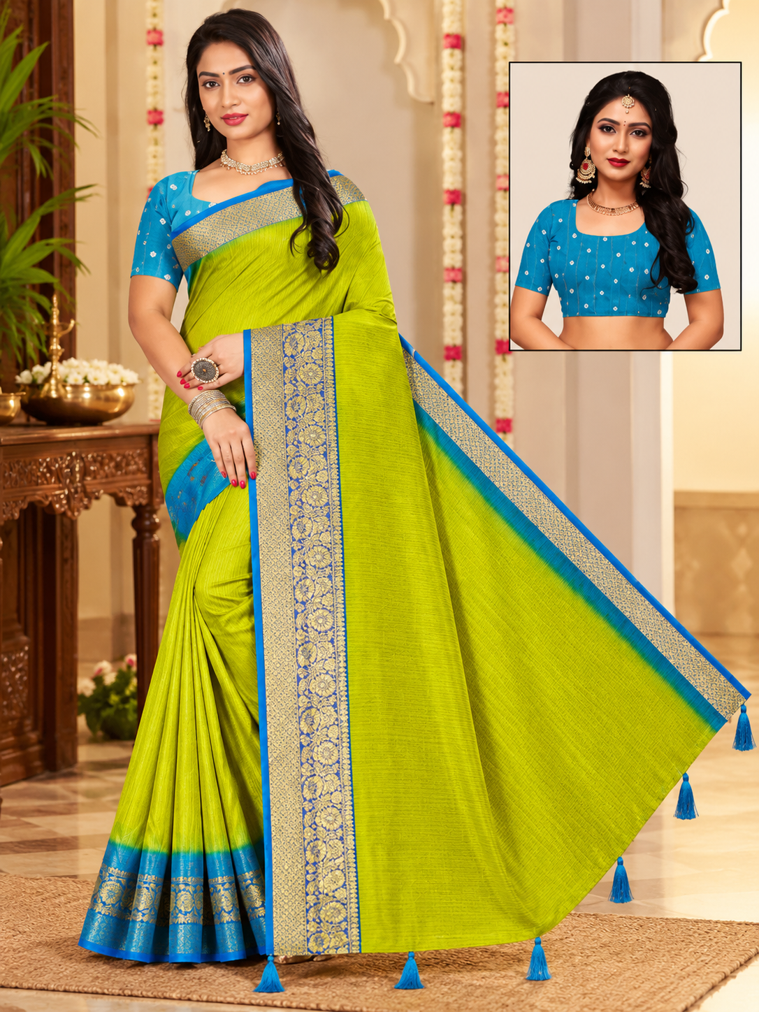 Blue, Mustard Yellow & Lime Green Contrast Border Saree – 3 Colour Variants