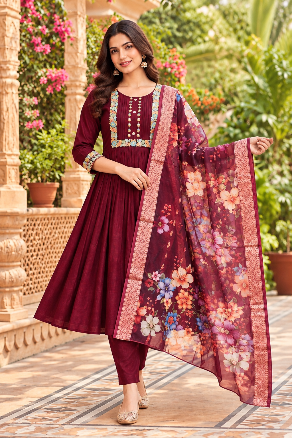 Embroidered Anarkali Dress Material Set with Floral Organza Dupatta – Roman Silk Fabric